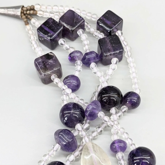 Amethyst 925 STERLING SILVER Cluster Multi Strand BIB Purple Necklace 18" TESTED - Picture 6 of 7